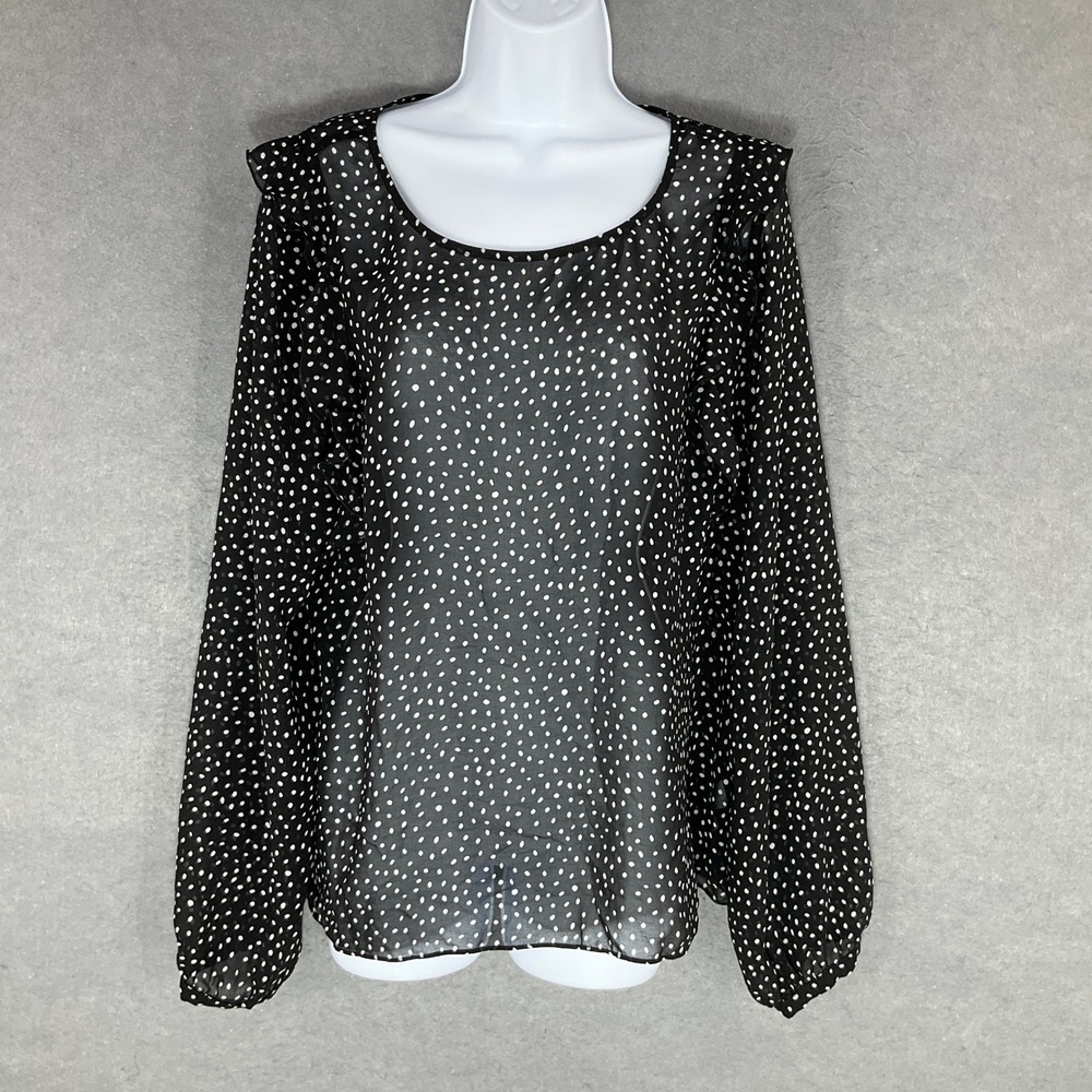 Cabi Top Women's XL Black Polka Dot Ruffle Long Sleeve Sheer Whimsical Romantic